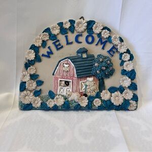 Farmhouse Welcome Barn Sheep Wall Plaque Blue Floral Country Cottage Decor